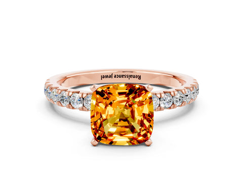 Rose gold Cushion Cut Citrine Solitaire Ring with Pavé Accents and Four-Prong Setting