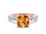 Rose gold Cushion Cut Citrine Solitaire Ring with Pavé Band and Four-Prong Setting_24