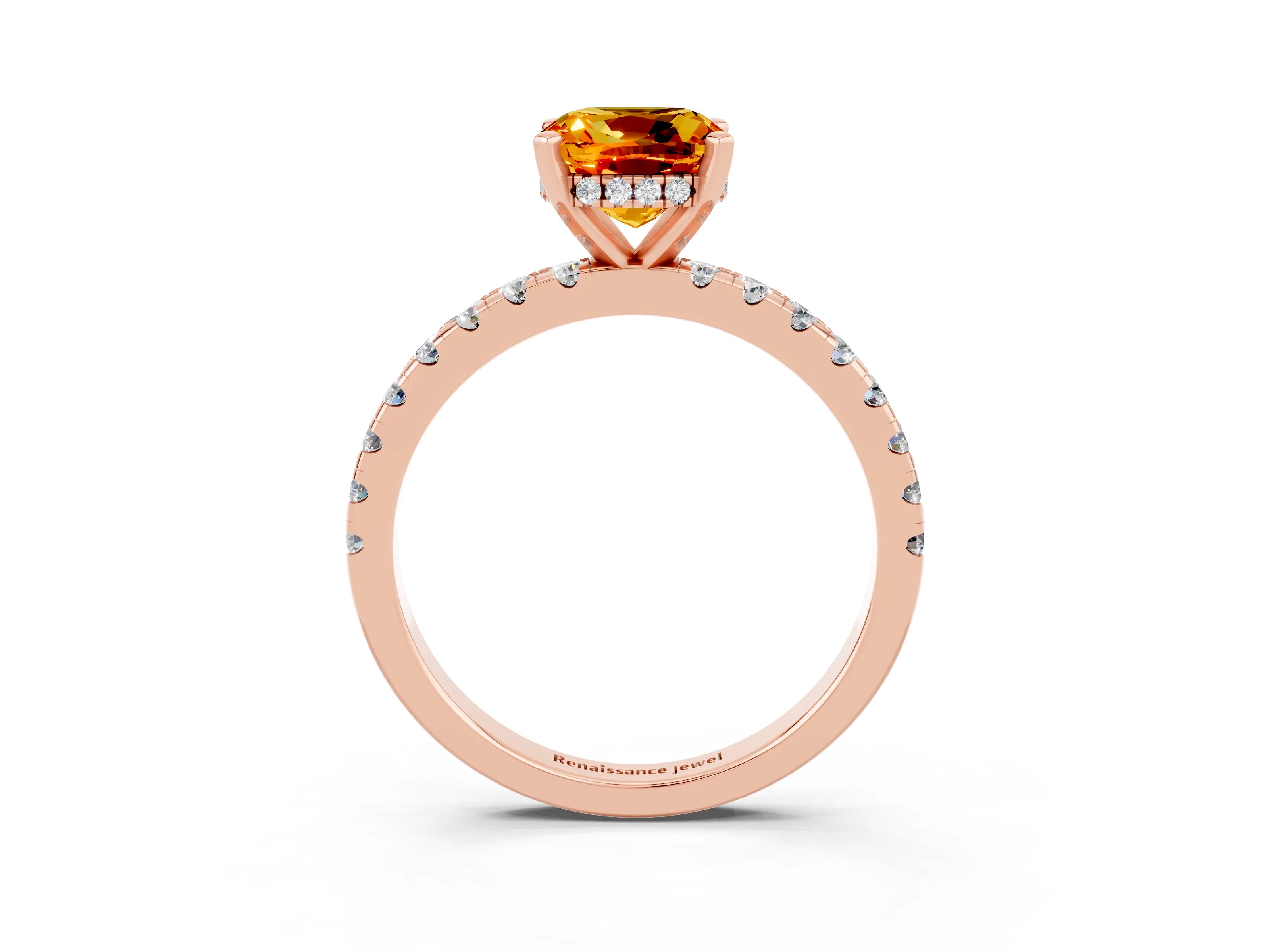 Rose gold Cushion Cut Citrine Solitaire Ring with Pavé Band and Four-Prong Setting_27