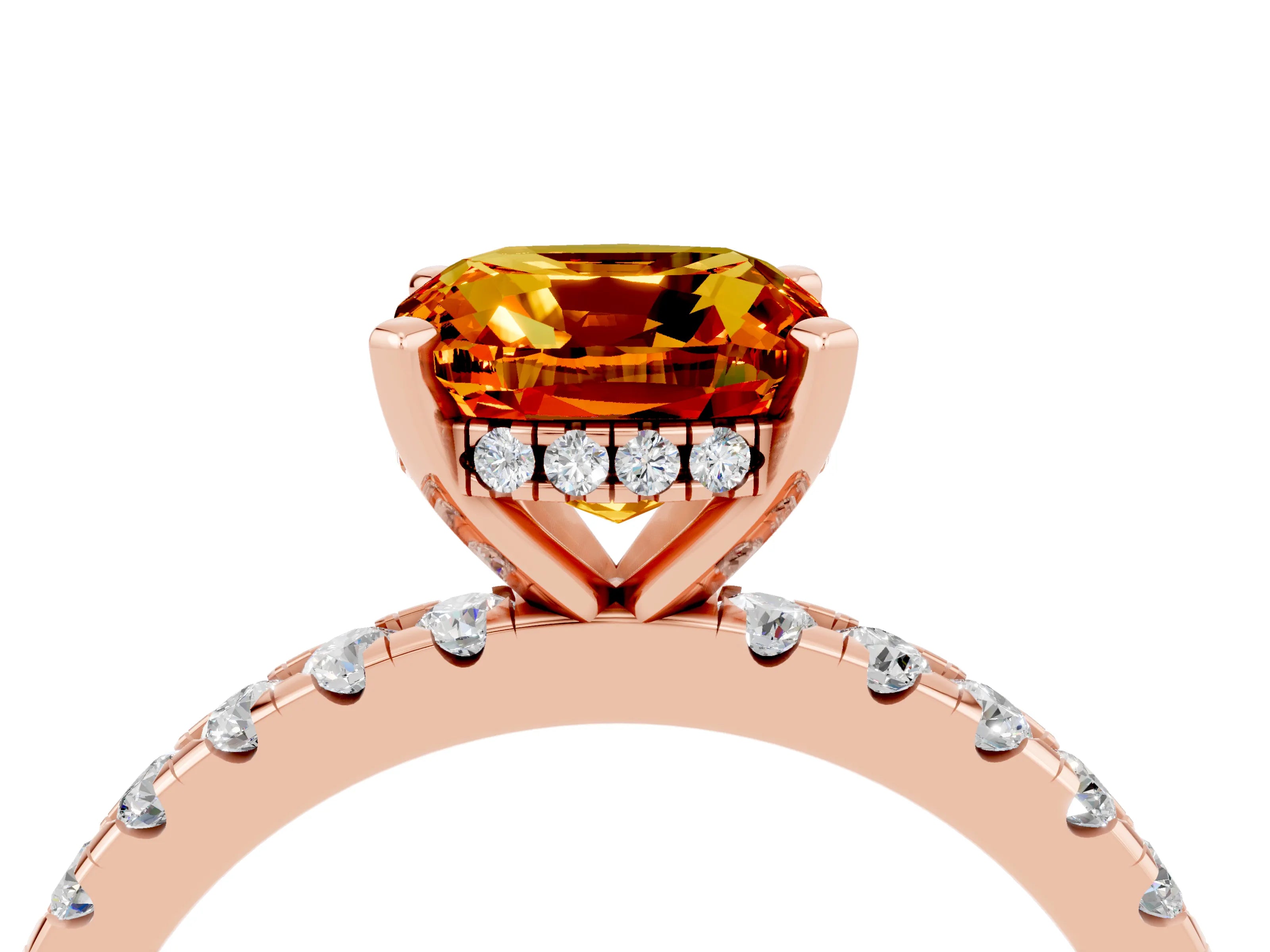 Rose gold Cushion Cut Citrine Solitaire Ring with Pavé Band and Four-Prong Setting_28