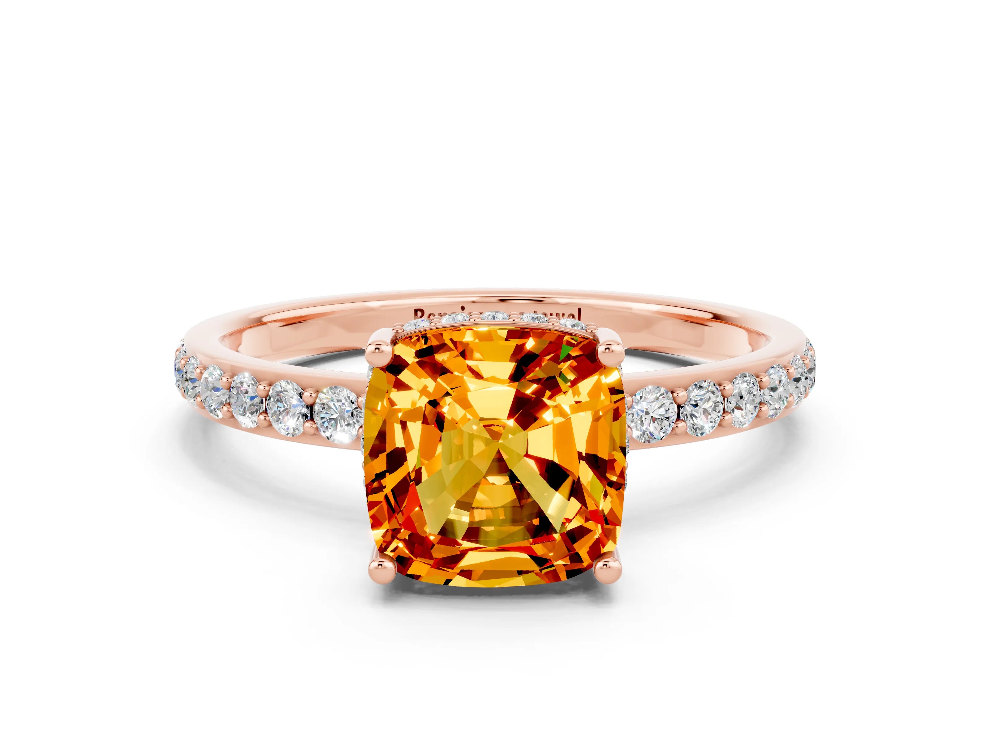 Rose gold Cushion Cut Citrine Solitaire Ring with Pavé Band and Hidden Halo_12