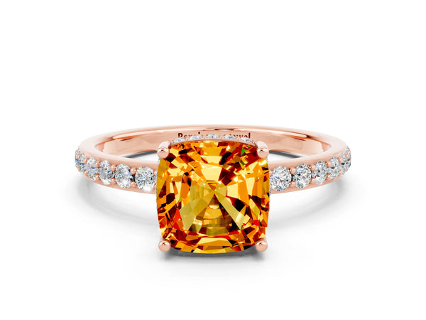 Rose gold Cushion Cut Citrine Solitaire Ring with Pavé Band and Hidden Halo