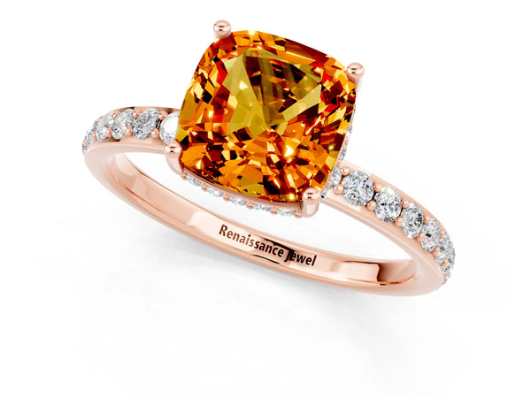 Rose gold Cushion Cut Citrine Solitaire Ring with Pavé Band and Hidden Halo