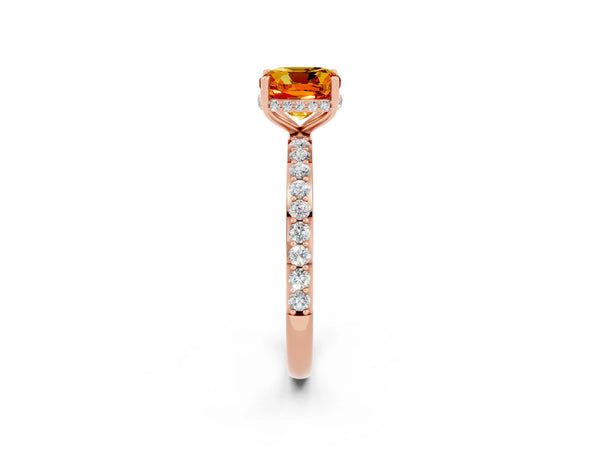 Rose gold Cushion Cut Citrine Solitaire Ring with Pavé Band and Hidden Halo