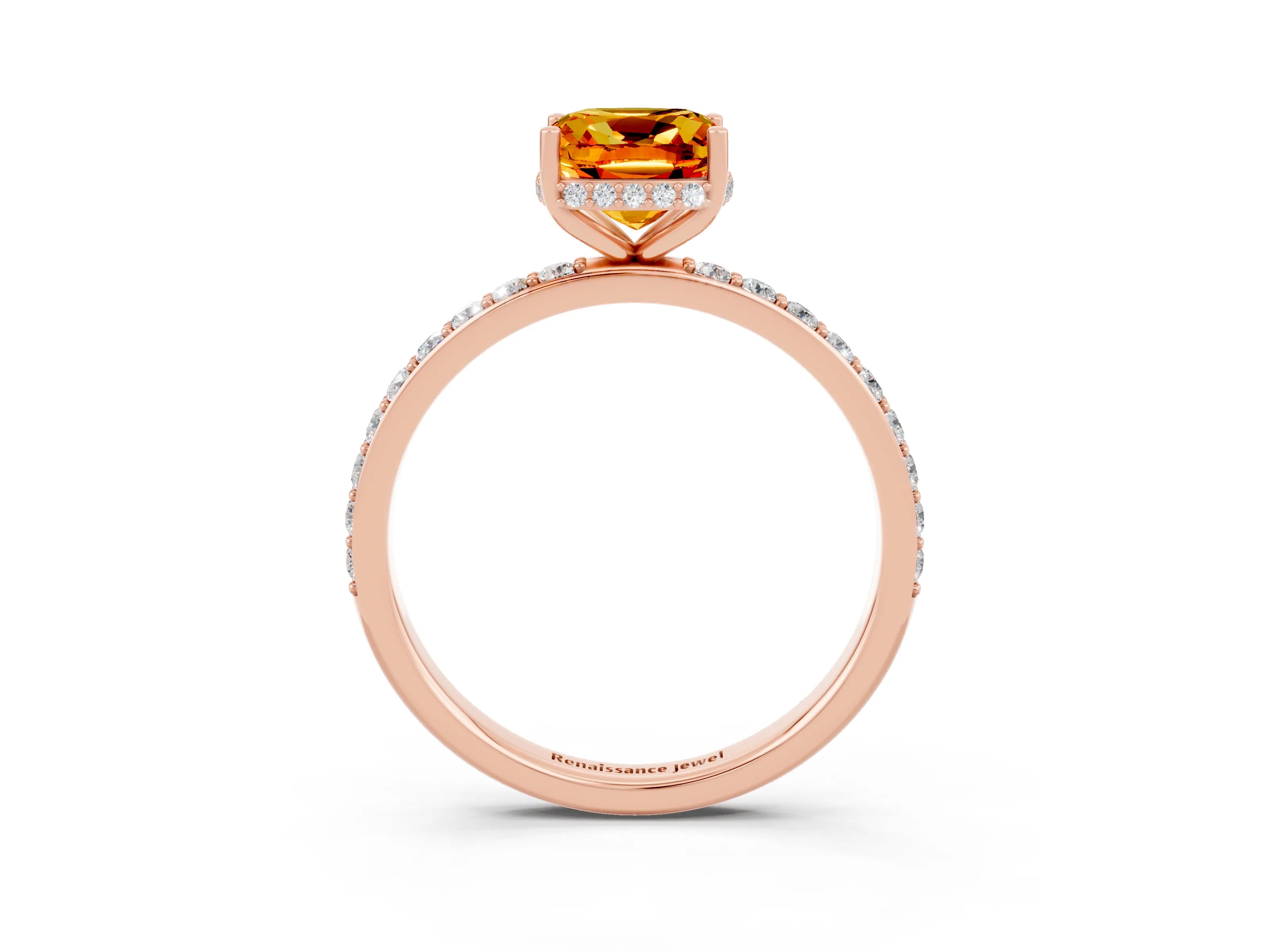 Rose gold Cushion Cut Citrine Solitaire Ring with Pavé Band and Hidden Halo_15