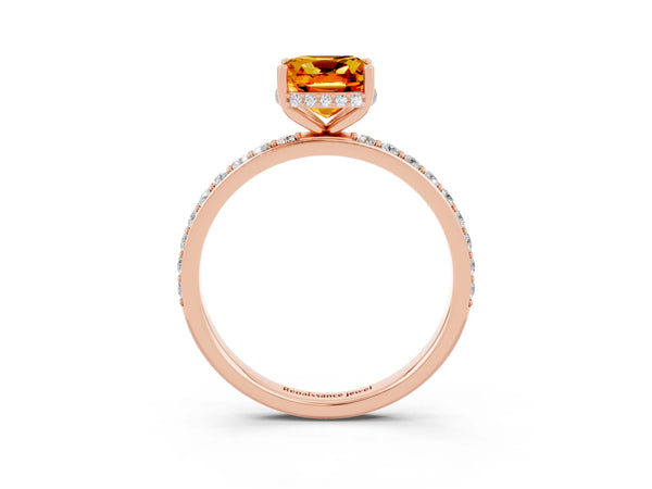 Rose gold Cushion Cut Citrine Solitaire Ring with Pavé Band and Hidden Halo