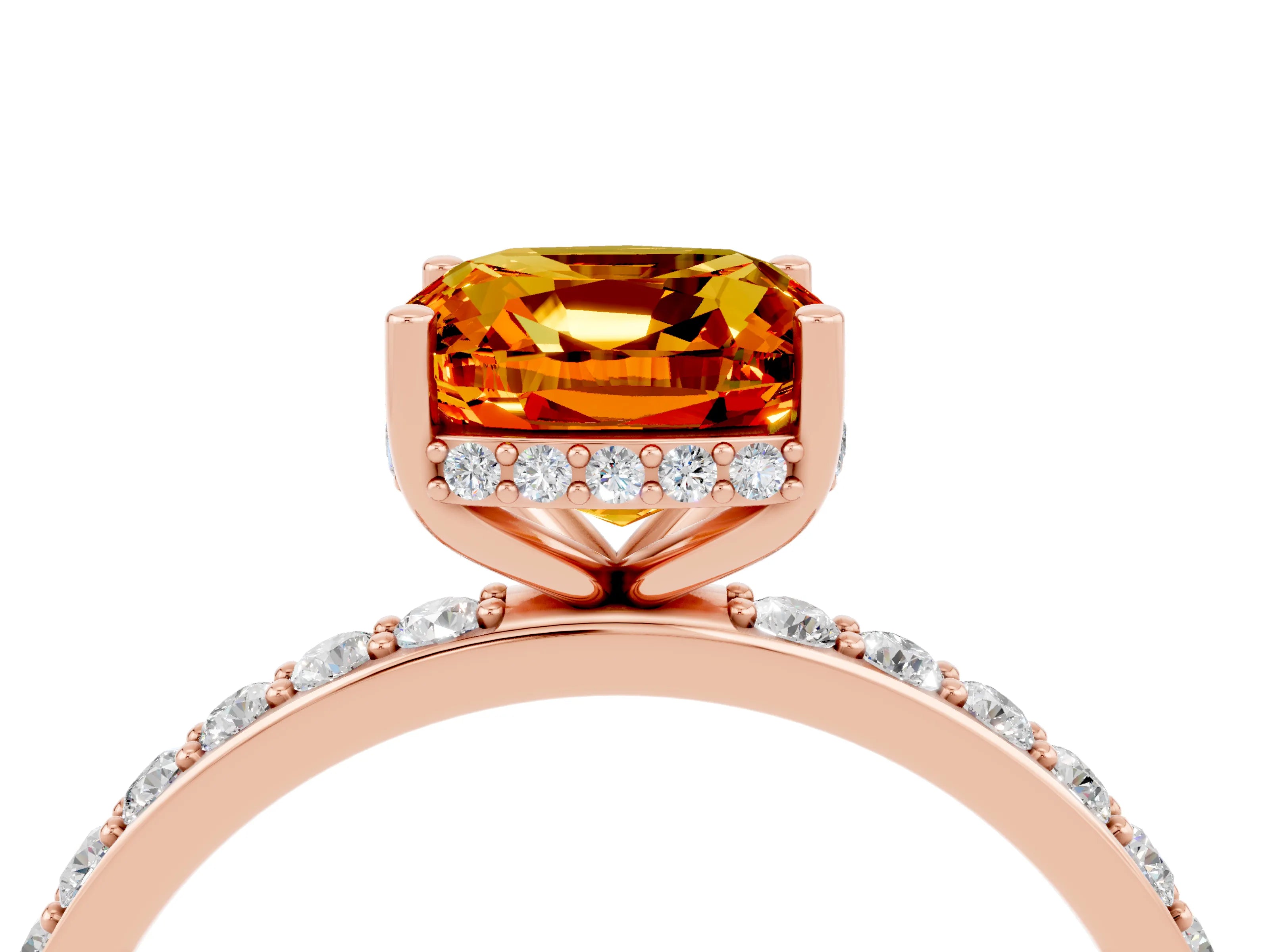 Rose gold Cushion Cut Citrine Solitaire Ring with Pavé Band and Hidden Halo_16