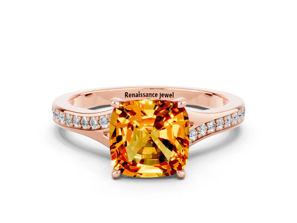 Rose gold Cushion Cut Citrine Solitaire Ring with Pavé Band and Prong Setting