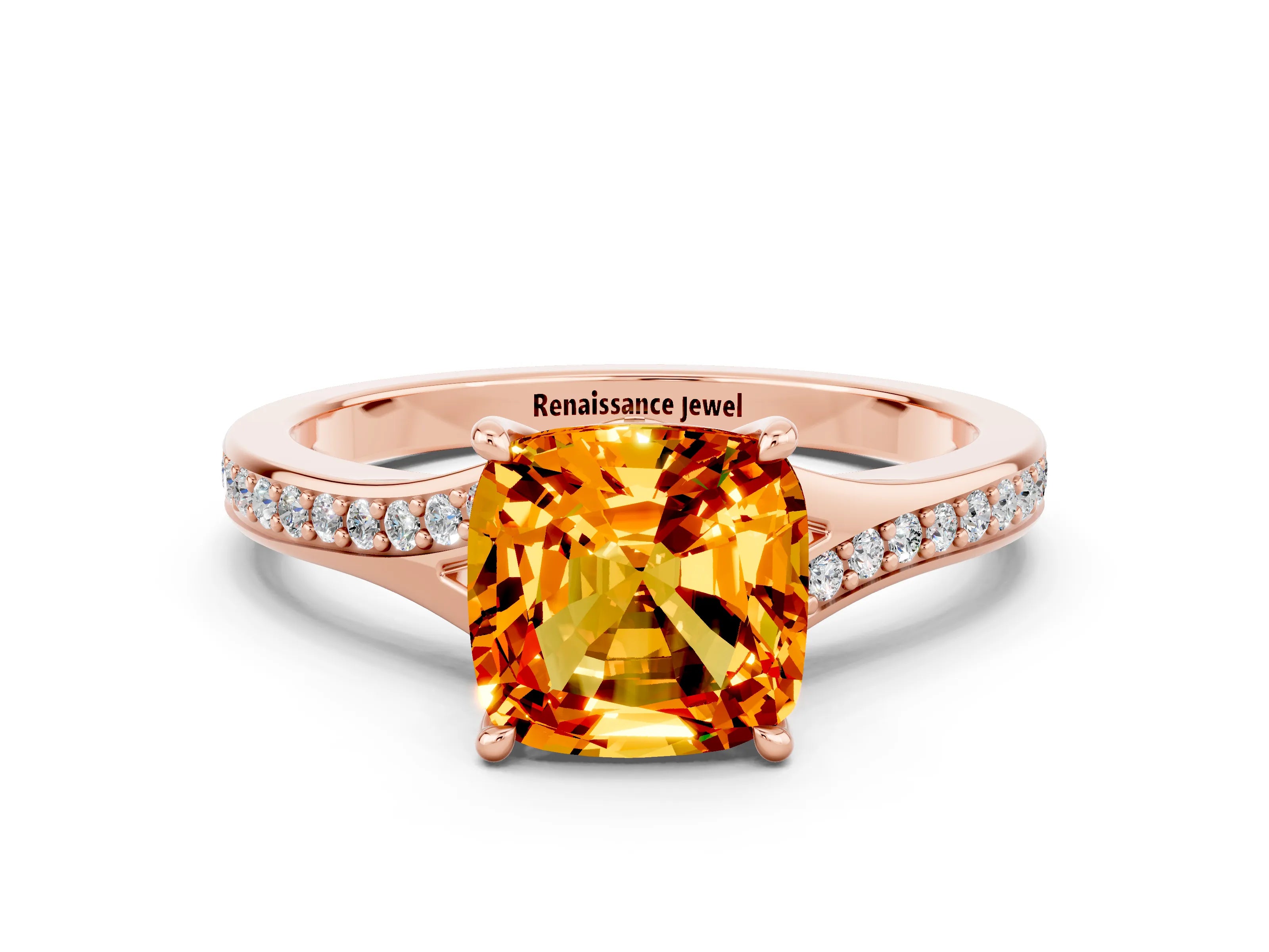 Rose gold Cushion Cut Citrine Solitaire Ring with Pavé Band and Prong Setting_12