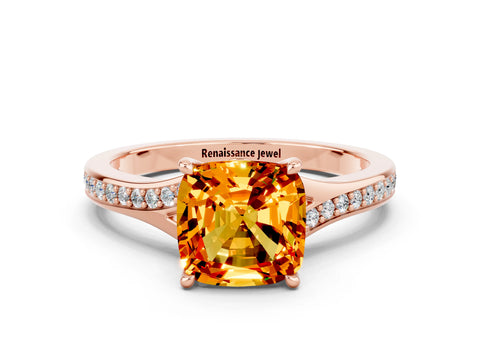 Rose gold Cushion Cut Citrine Solitaire Ring with Pavé Band and Prong Setting_12