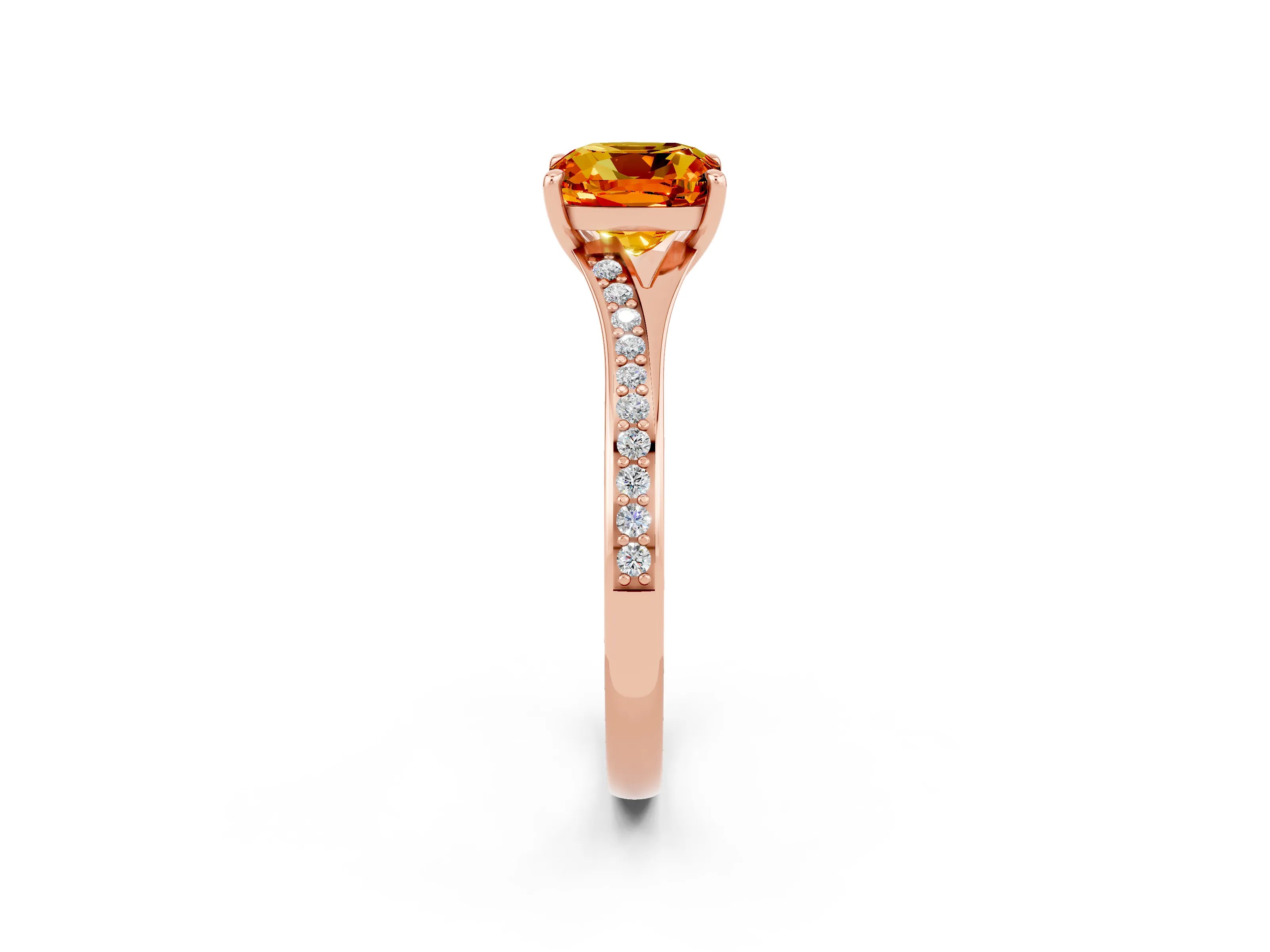 Rose gold Cushion Cut Citrine Solitaire Ring with Pavé Band and Prong Setting_14
