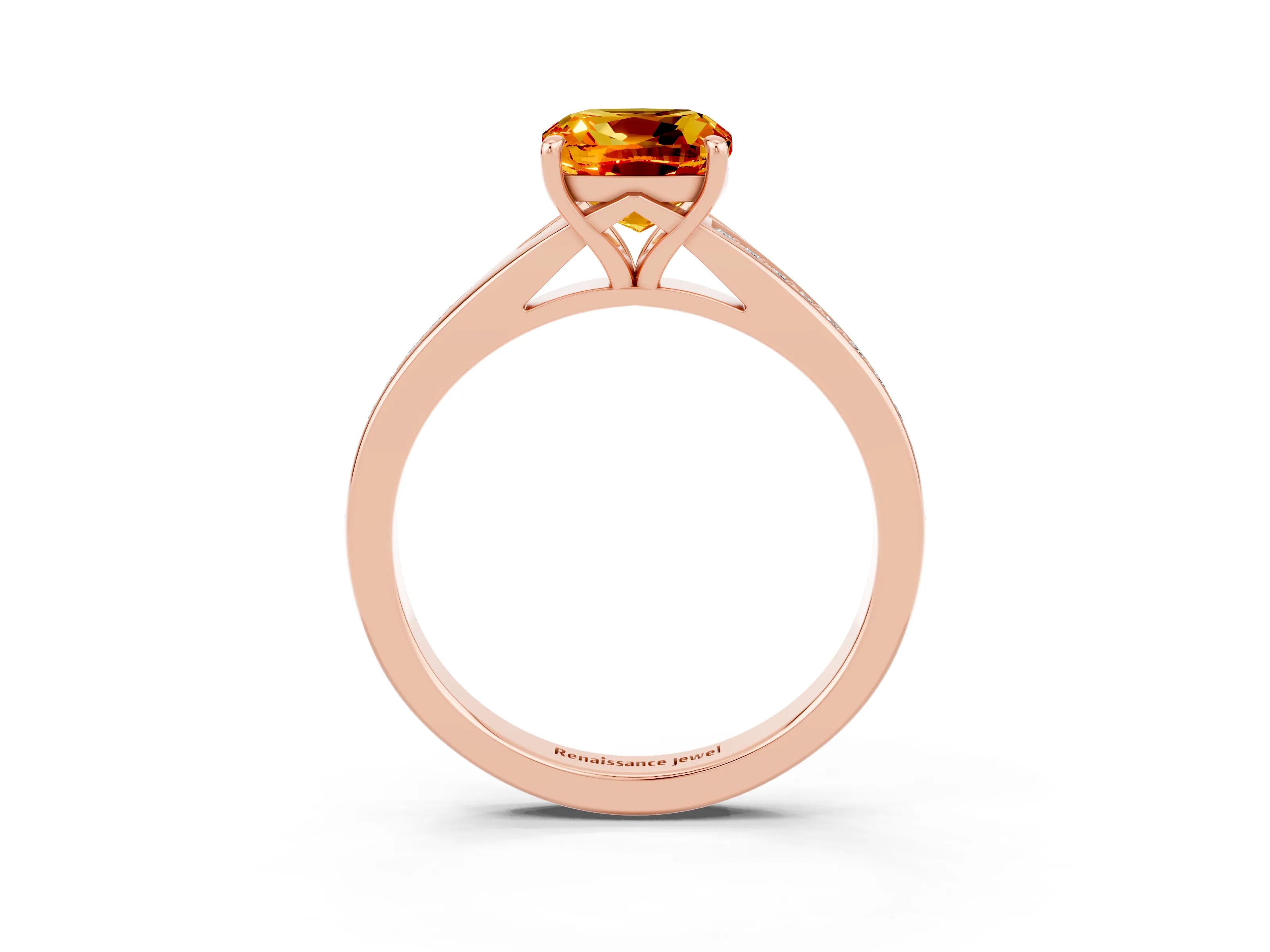 Rose gold Cushion Cut Citrine Solitaire Ring with Pavé Band and Prong Setting_15