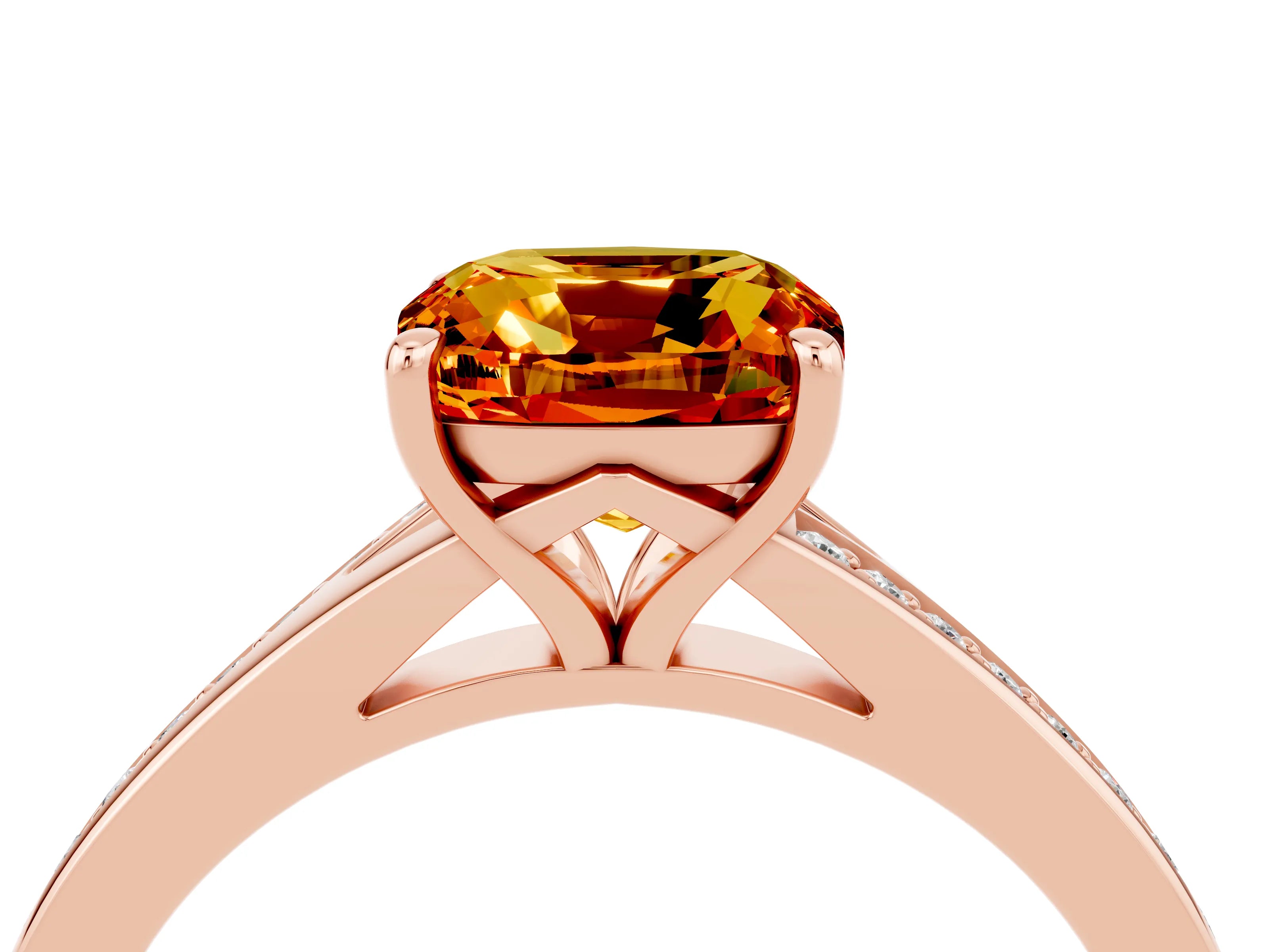 Rose gold Cushion Cut Citrine Solitaire Ring with Pavé Band and Prong Setting_16