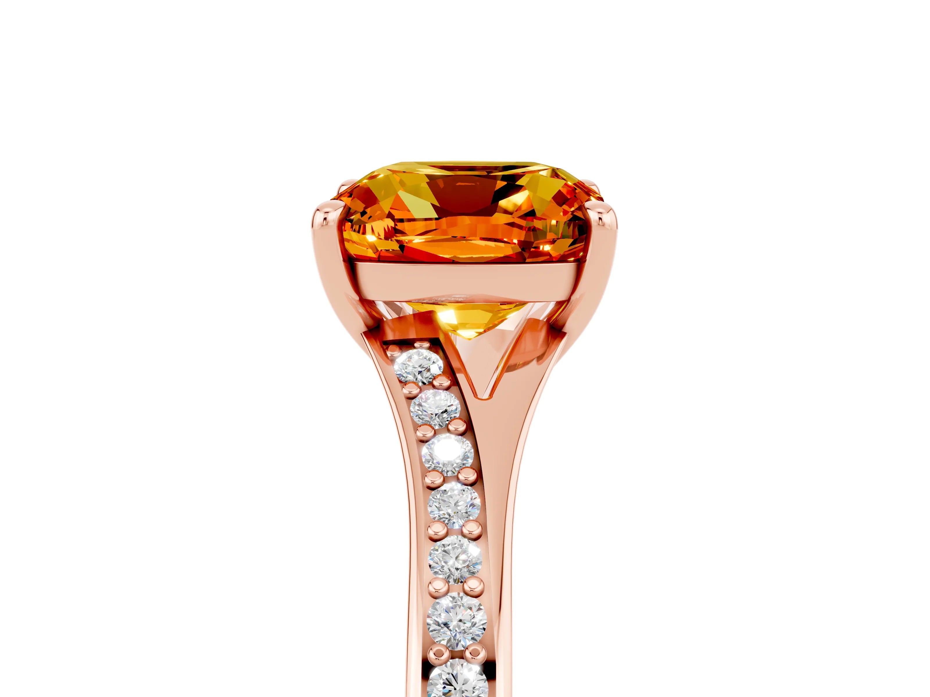 Rose gold Cushion Cut Citrine Solitaire Ring with Pavé Band and Prong Setting_17