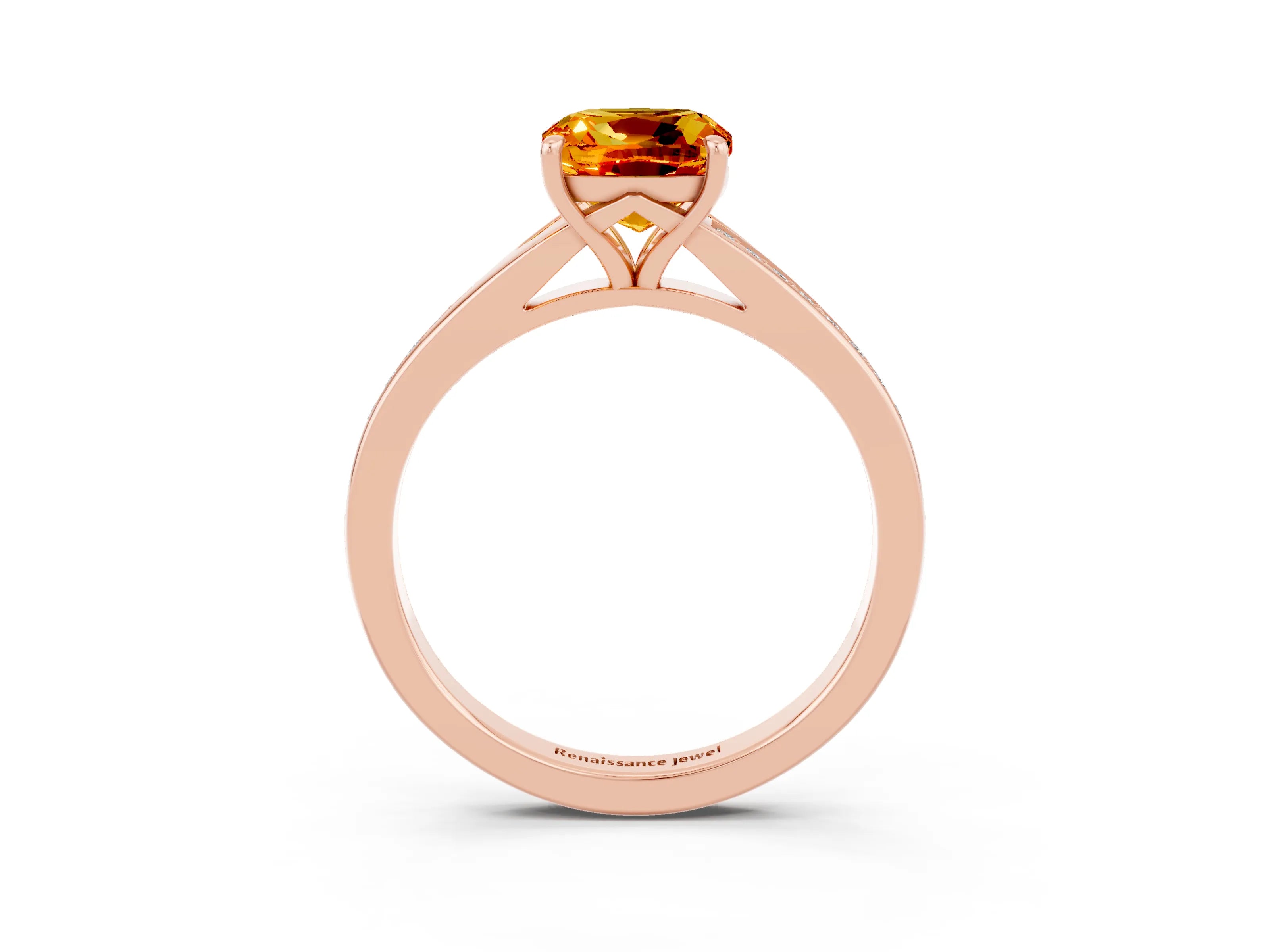 Rose gold Cushion Cut Citrine Solitaire Ring with Pavé Band and Prong Setting_3