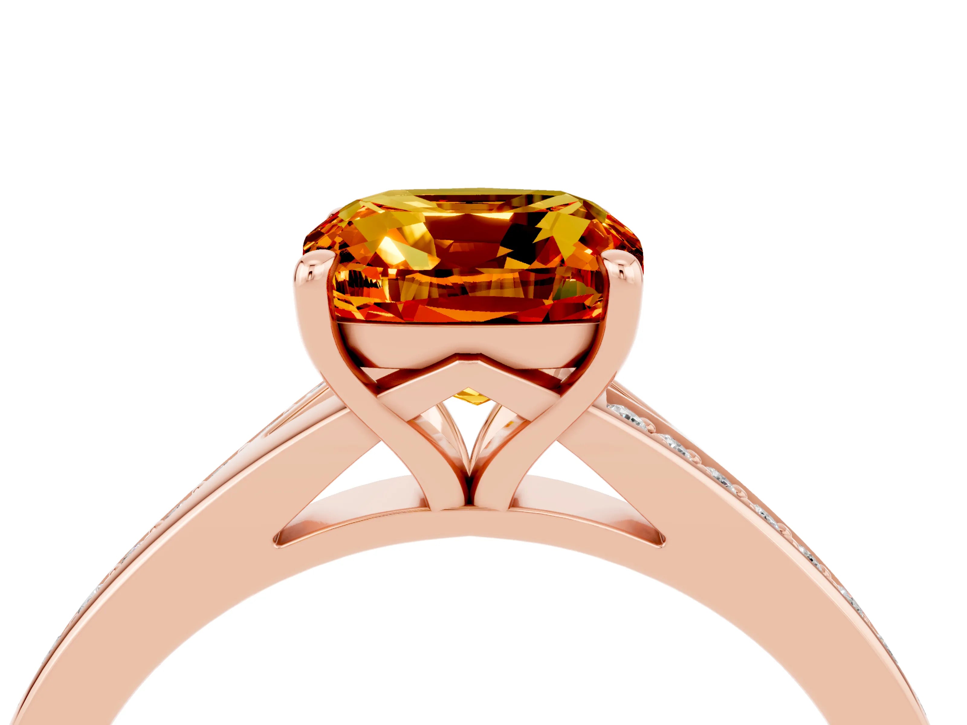 Rose gold Cushion Cut Citrine Solitaire Ring with Pavé Band and Prong Setting_4