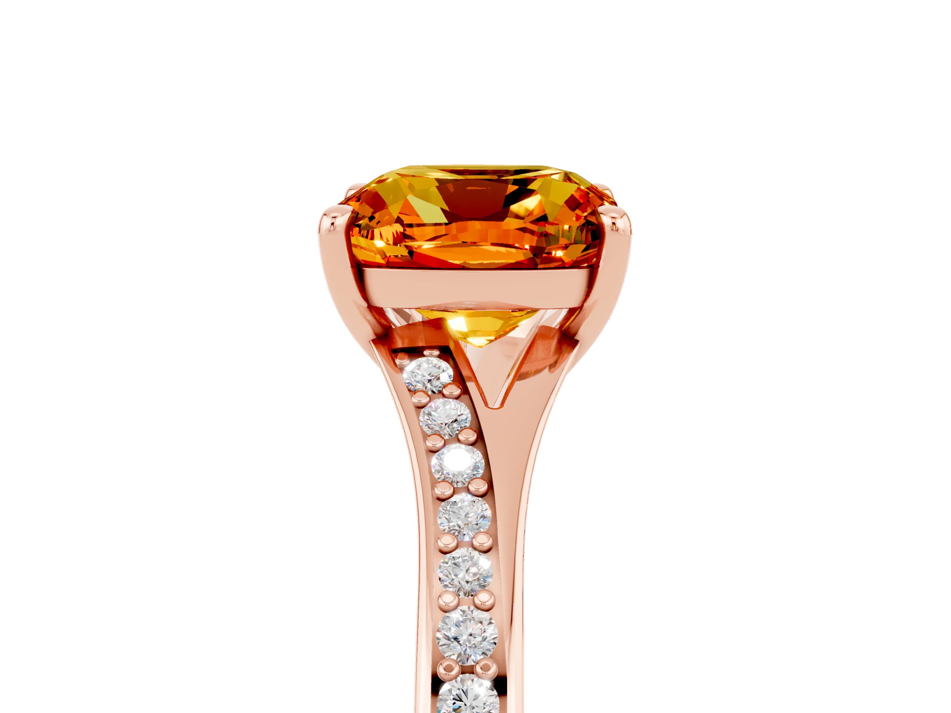 Rose gold Cushion Cut Citrine Solitaire Ring with Pavé Band and Prong Setting_5