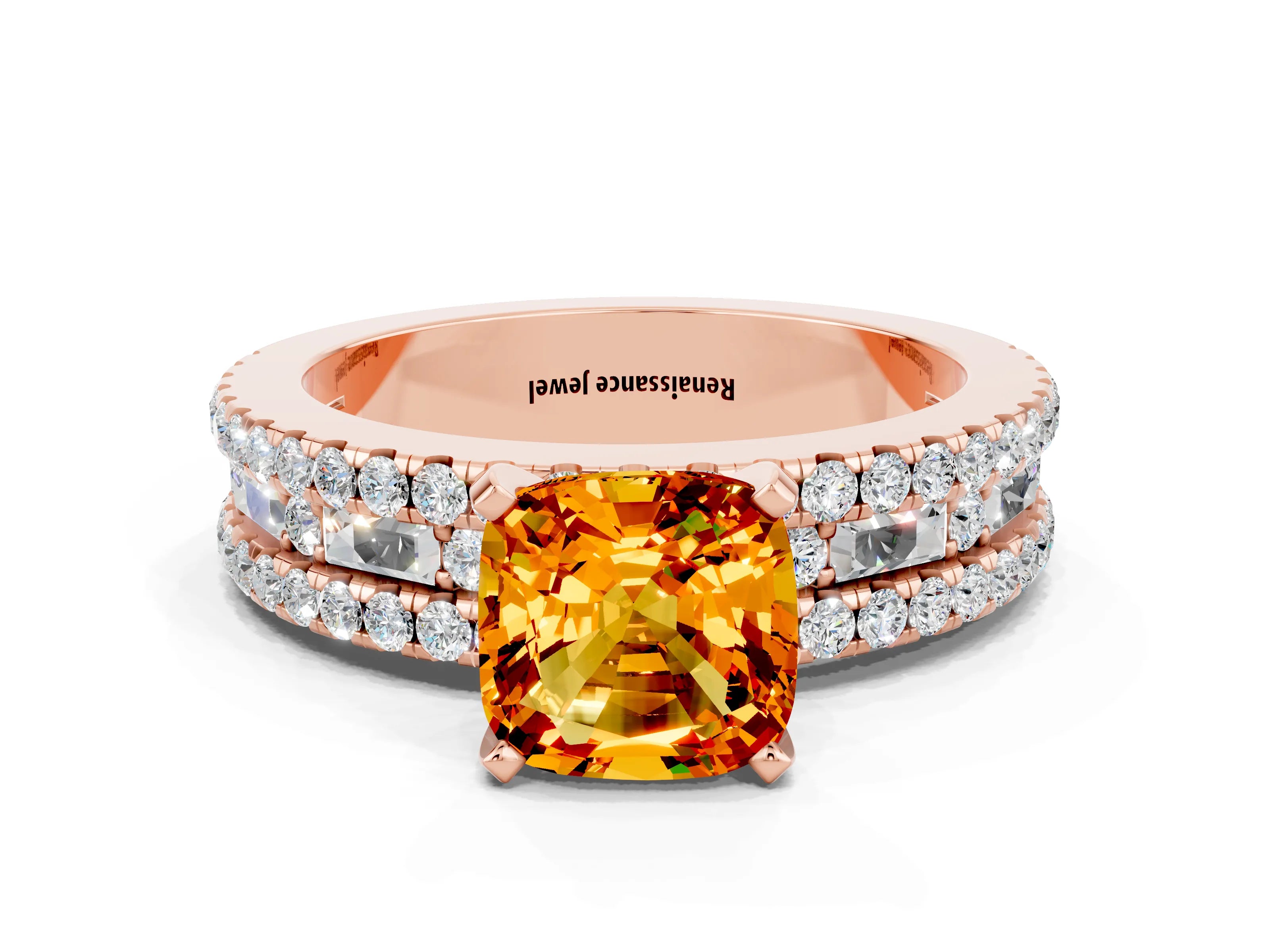 Rose gold Cushion Cut Citrine Solitaire Ring with Pavé and Channel Set Band
