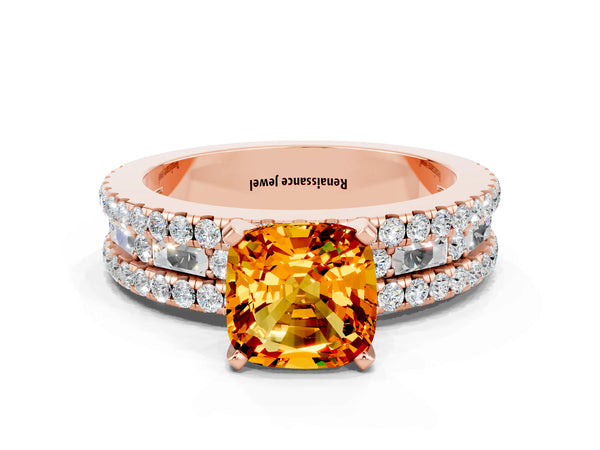 Rose gold Cushion Cut Citrine Solitaire Ring with Pavé and Channel Set Band