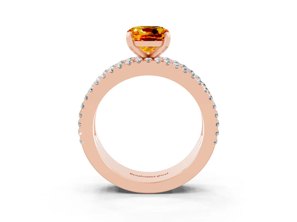 Rose gold Cushion Cut Citrine Solitaire Ring with Pavé and Channel Set Band