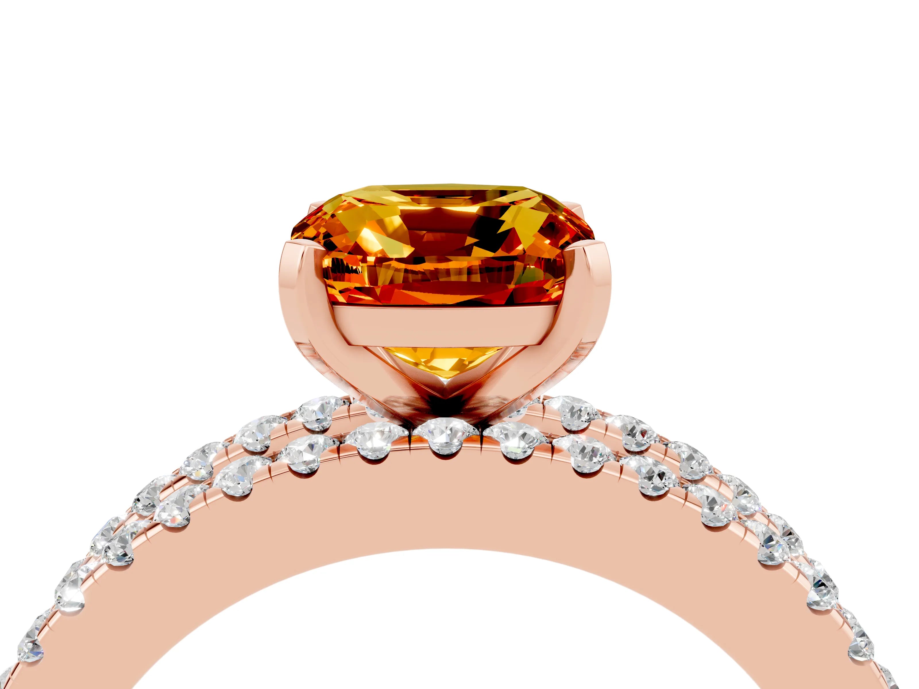 Rose gold Cushion Cut Citrine Solitaire Ring with Pavé and Channel Set Band_4