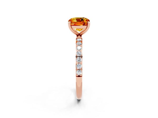 Rose gold Cushion Cut Citrine Solitaire Ring with Round  Pavé Band and Prong Setting