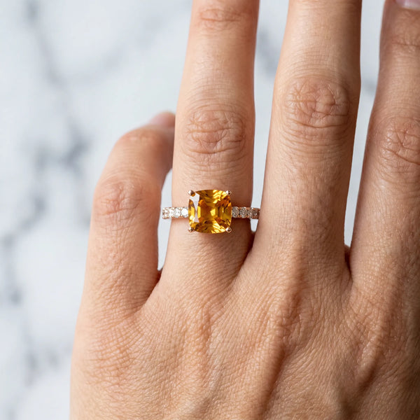 Rose gold Cushion Cut Citrine Solitaire Ring with Round  Pavé Band and Four-Prong Setting
