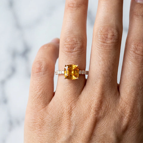 Rose gold Cushion Cut Citrine Solitaire Ring with Round  Pavé Band and Four-Prong Setting_42