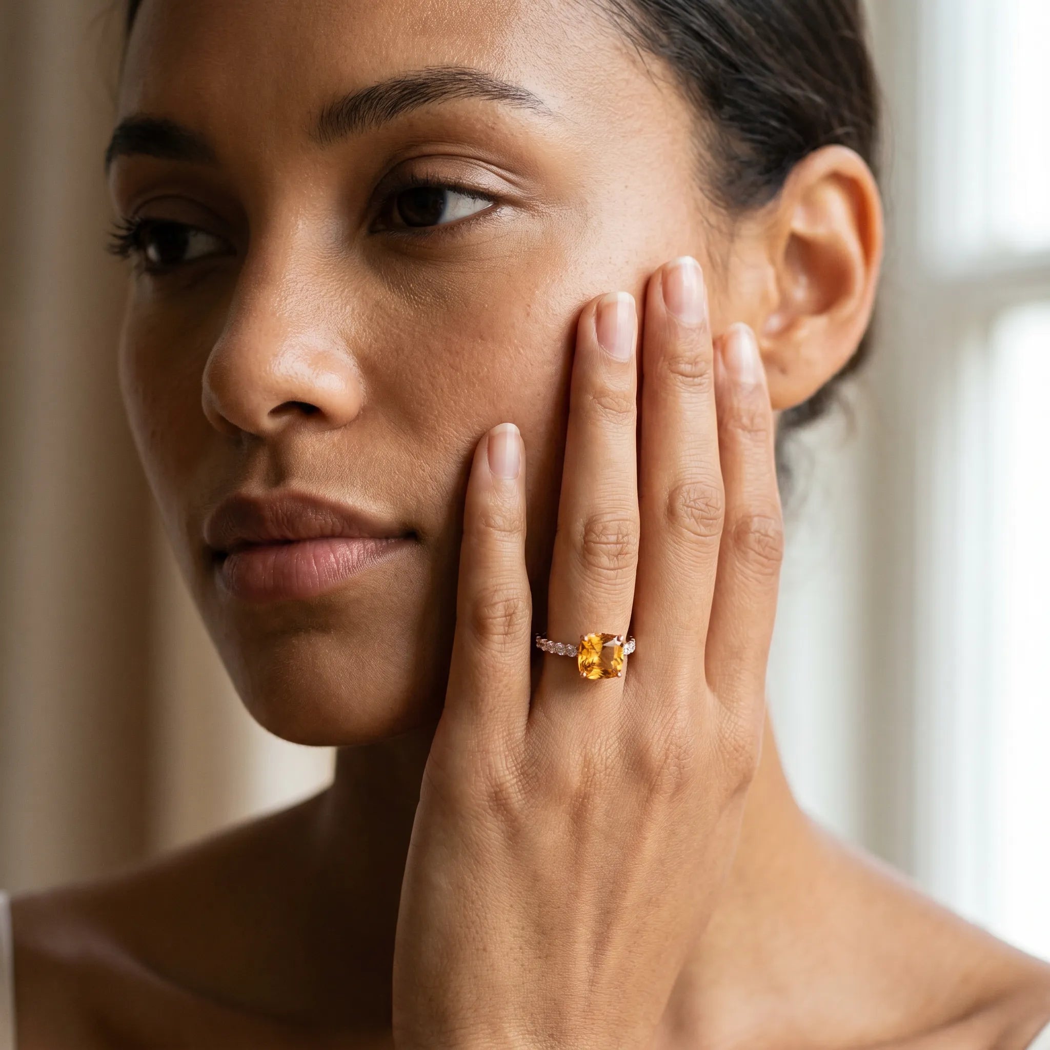 Rose gold Cushion Cut Citrine Solitaire Ring with Round  Pavé Band and Four-Prong Setting_43