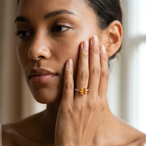 Rose gold Cushion Cut Citrine Solitaire Ring with Round  Pavé Band and Four-Prong Setting_43