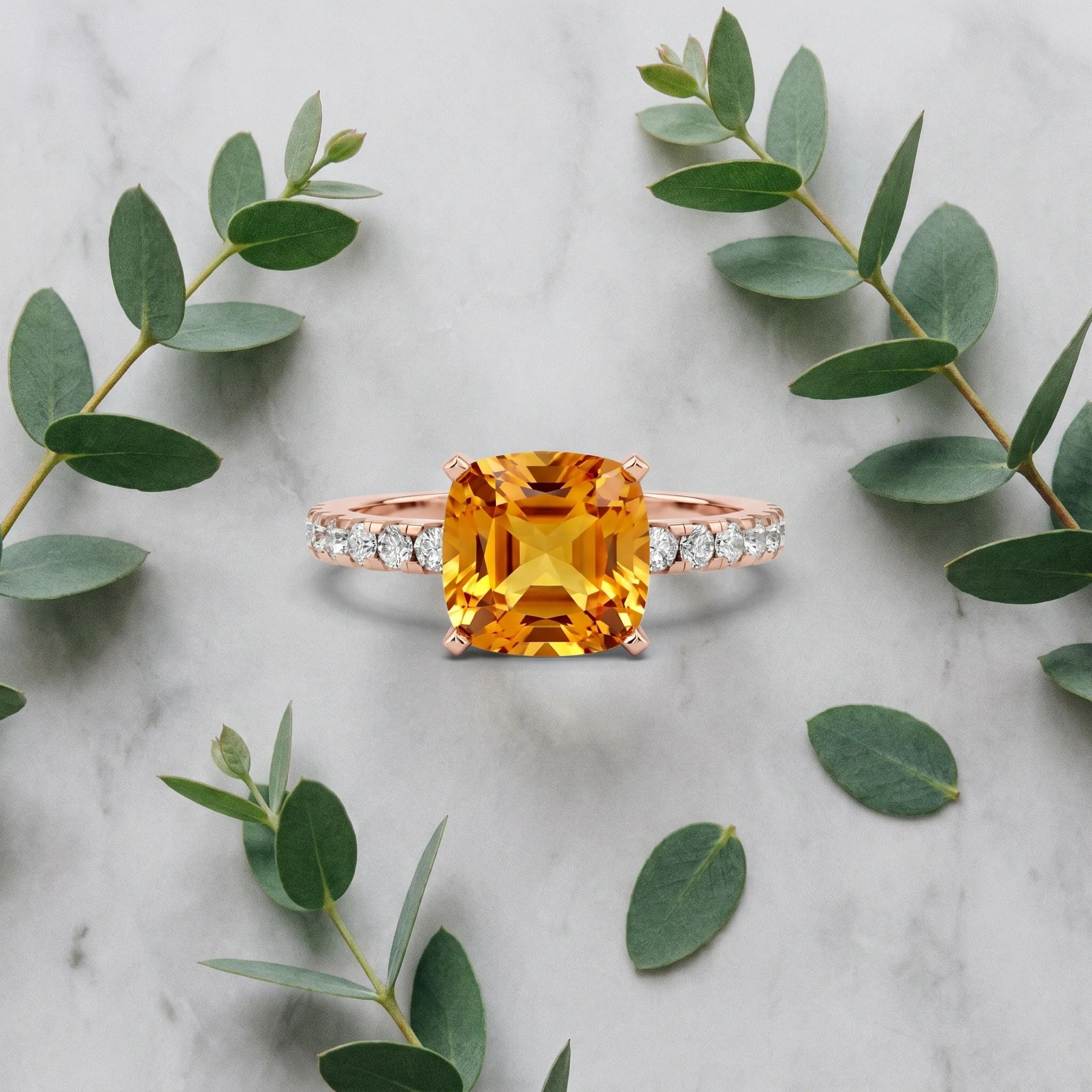 Rose gold Cushion Cut Citrine Solitaire Ring with Round  Pavé Band and Four-Prong Setting_45
