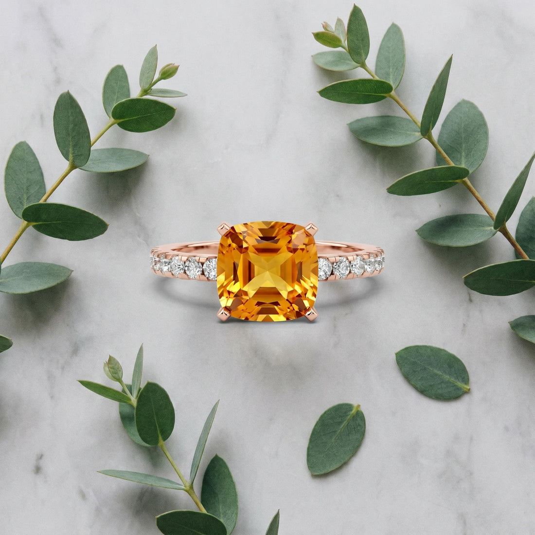 Rose gold Cushion Cut Citrine Solitaire Ring with Round  Pavé Band and Four-Prong Setting_45
