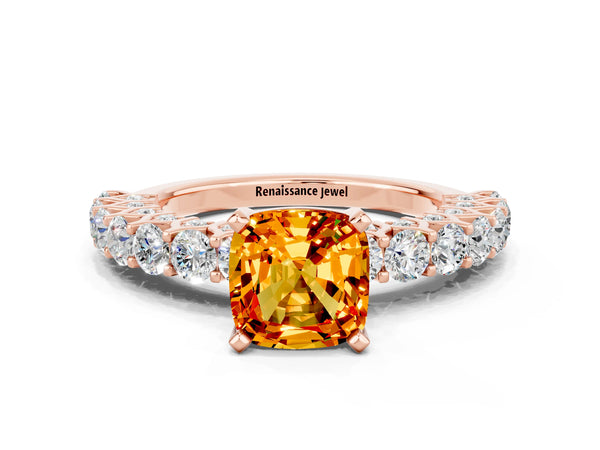 Rose gold Cushion Cut Citrine Solitaire Ring with Shared Prong Pavé Band and Four-Prong Setting