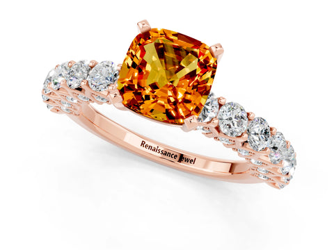 Rose gold Cushion Cut Citrine Solitaire Ring with Shared Prong Pavé Band and Four-Prong Setting_1
