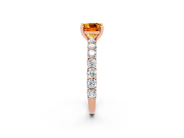 Rose gold Cushion Cut Citrine Solitaire Ring with Shared Prong Pavé Band and Four-Prong Setting