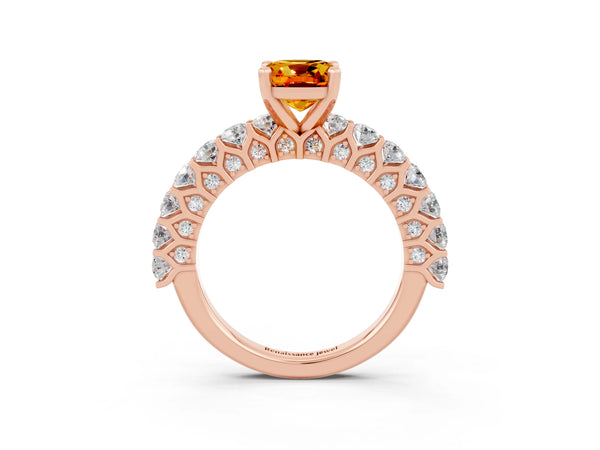 Rose gold Cushion Cut Citrine Solitaire Ring with Shared Prong Pavé Band and Four-Prong Setting