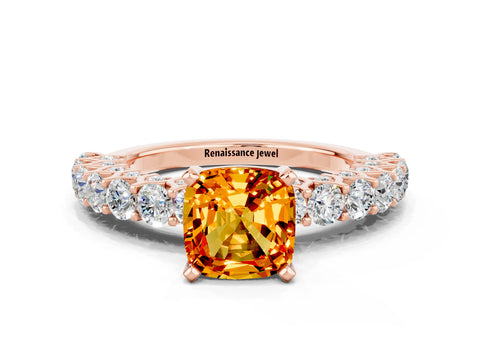 Rose gold Cushion Cut Citrine Solitaire Ring with Shared Prong Pavé Band and Four-Prong Setting