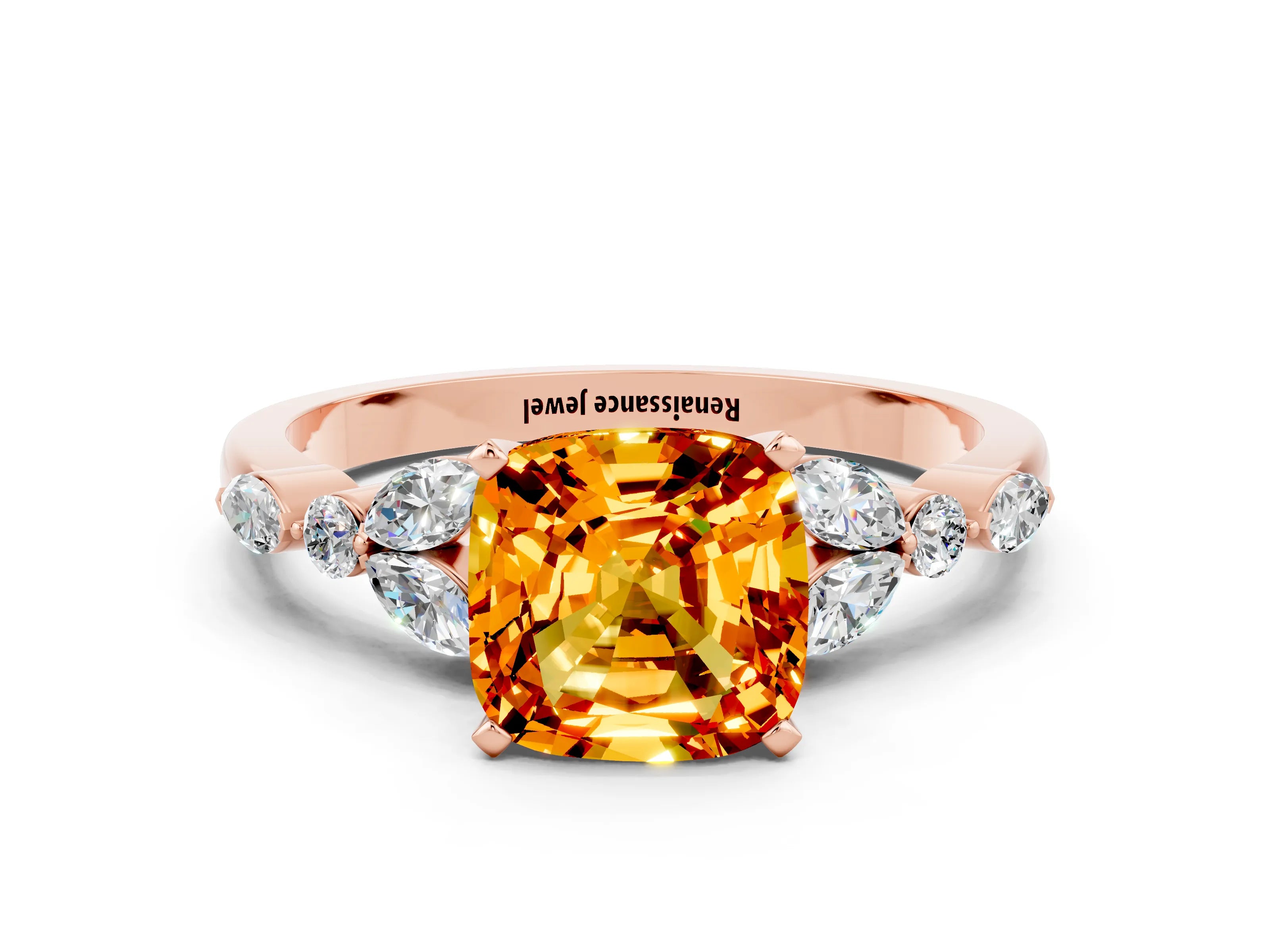 Rose gold Cushion Cut Citrine Solitaire Ring with Side Stones and Four-Prong Setting_12