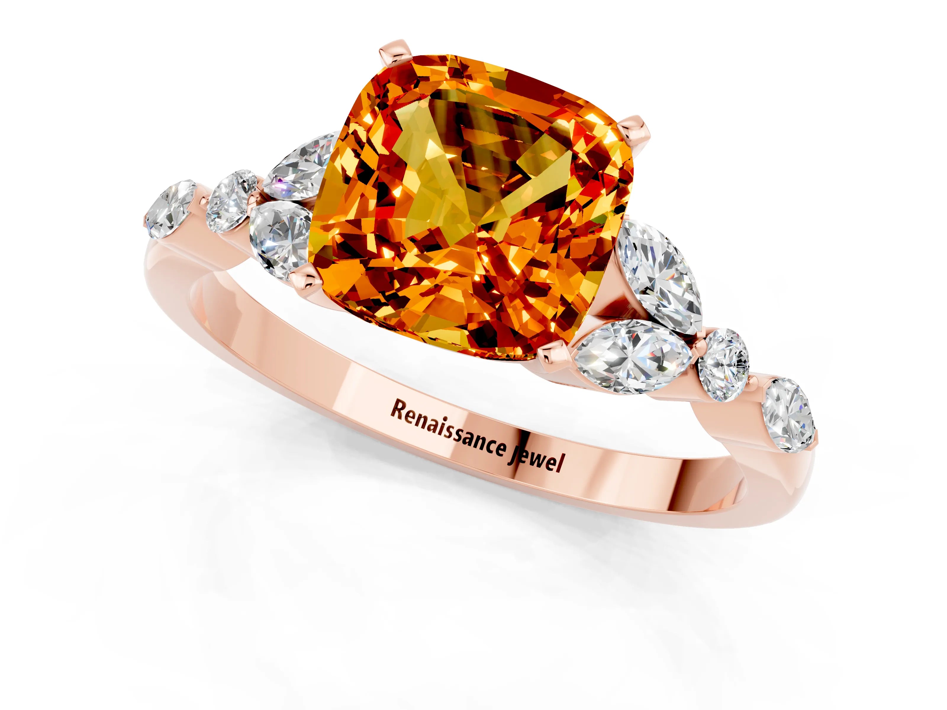 Rose gold Cushion Cut Citrine Solitaire Ring with Side Stones and Four-Prong Setting_13