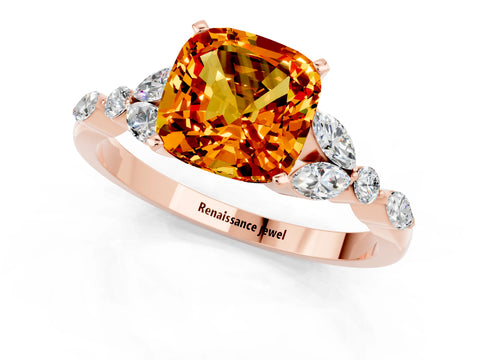 Rose gold Cushion Cut Citrine Solitaire Ring with Side Stones and Four-Prong Setting_13