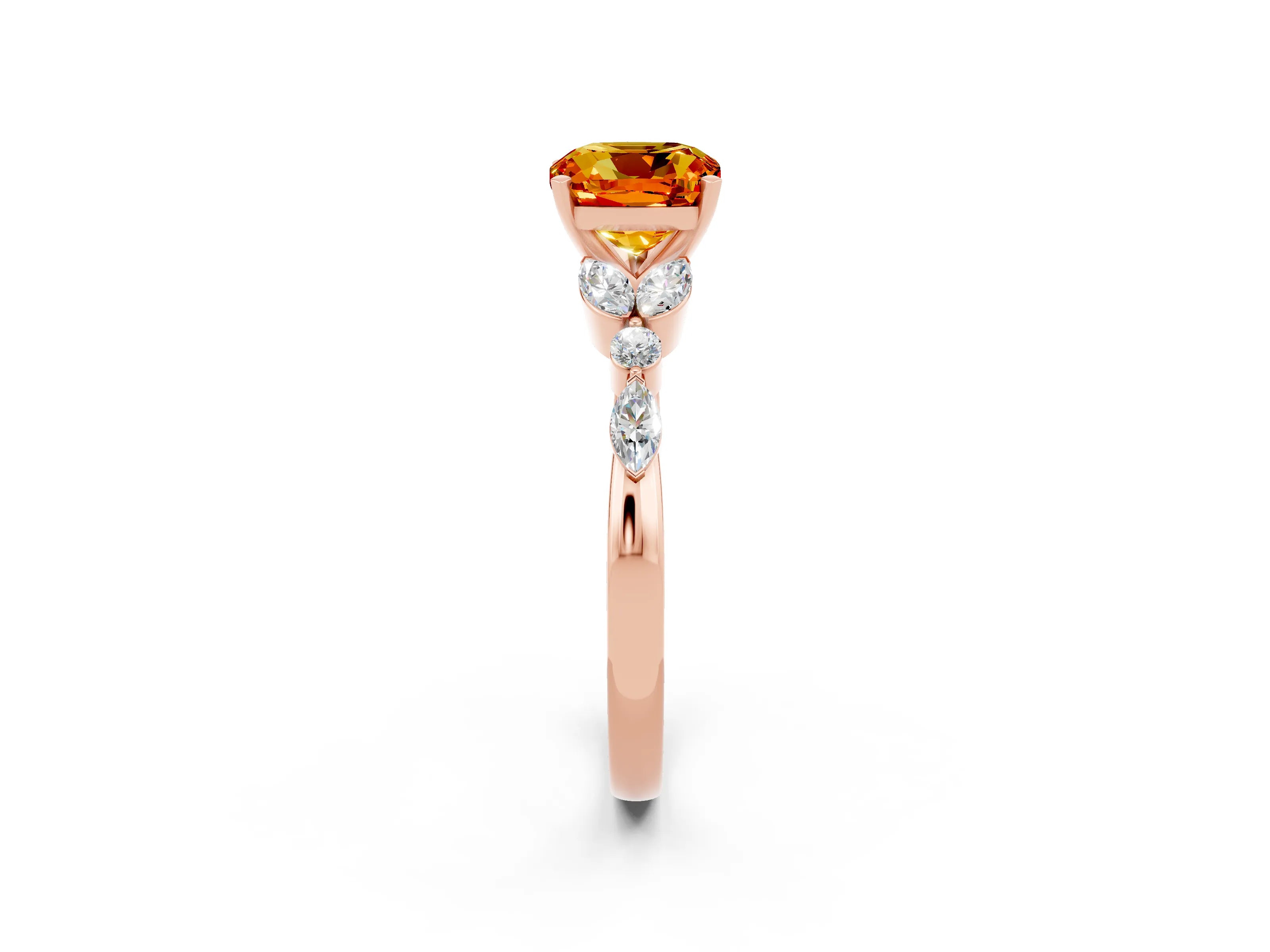 Rose gold Cushion Cut Citrine Solitaire Ring with Side Stones and Four-Prong Setting_14