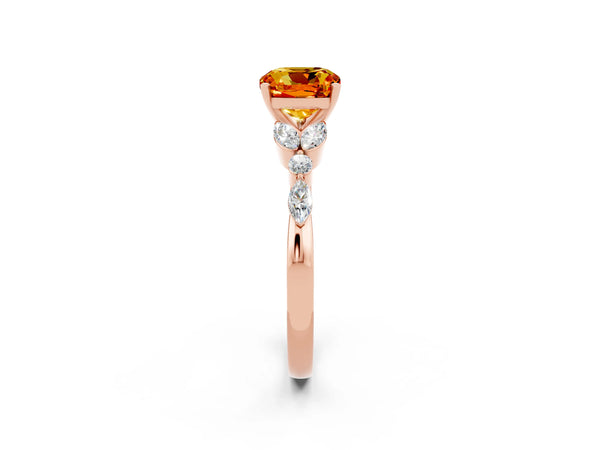 Rose gold Cushion Cut Citrine Solitaire Ring with Side Stones and Four-Prong Setting