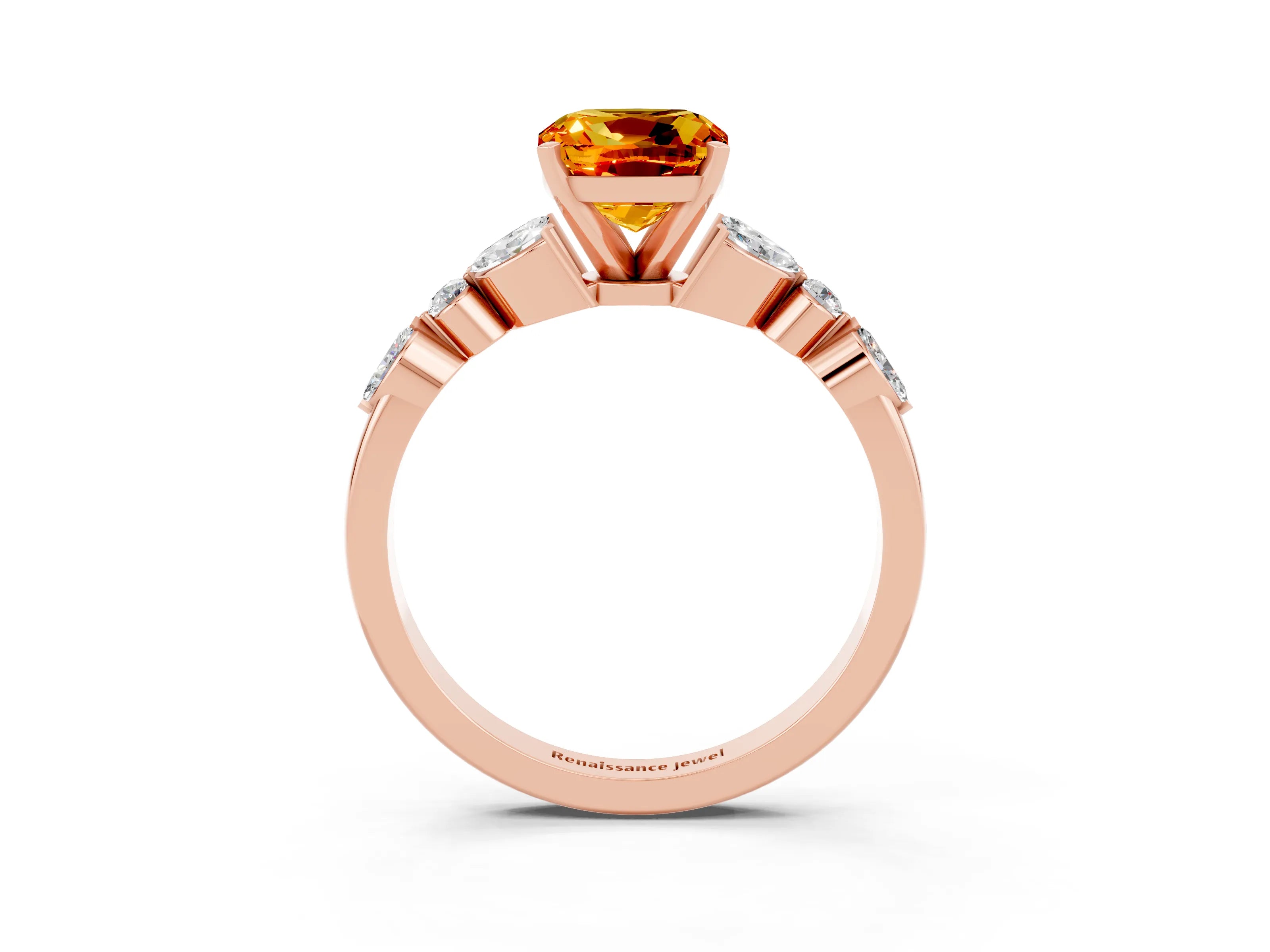 Rose gold Cushion Cut Citrine Solitaire Ring with Side Stones and Four-Prong Setting_15