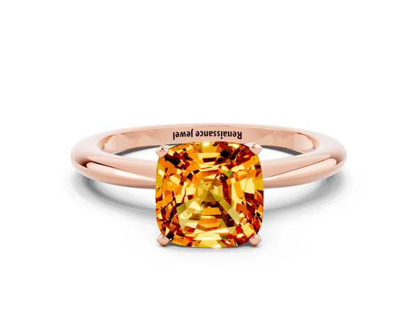 Rose gold Cushion Cut Citrine Solitaire Ring with Six-Prong Setting and Classic Band
