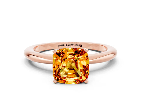 Rose gold Cushion Cut Citrine Solitaire Ring with Six-Prong Setting and Classic Band