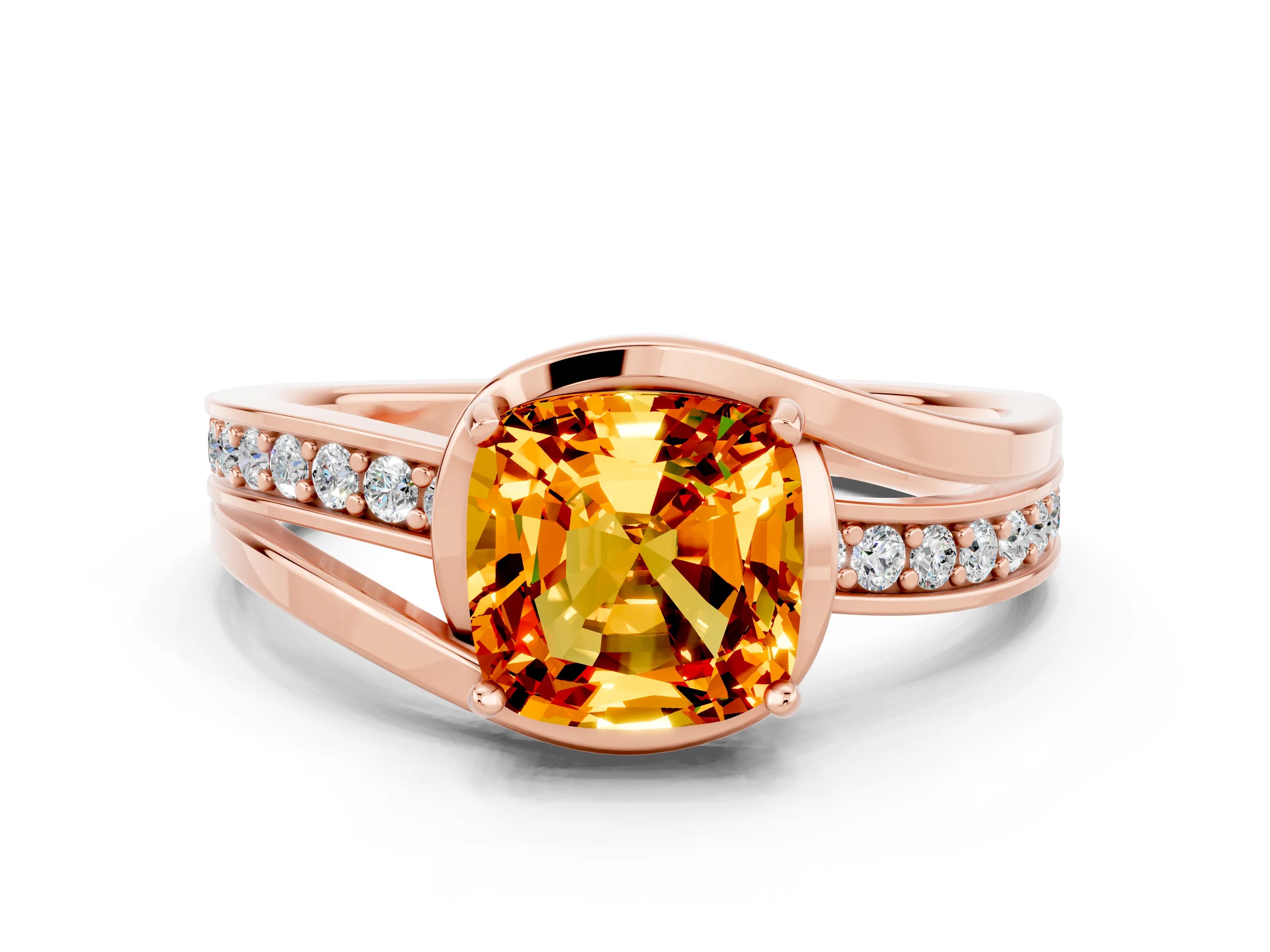 Rose gold Cushion Cut Citrine Solitaire Ring with Split Shank and Prong Setting