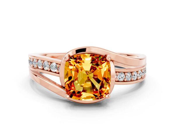 Rose gold Cushion Cut Citrine Solitaire Ring with Split Shank and Prong Setting