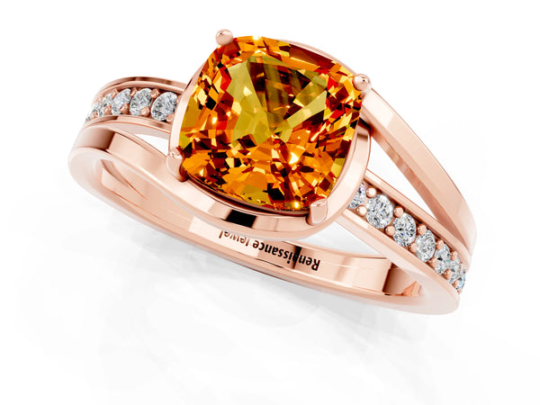 Rose gold Cushion Cut Citrine Solitaire Ring with Split Shank and Prong Setting