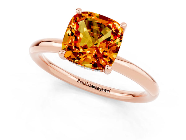 Rose gold Cushion Cut Citrine Solitaire Ring with Thin Band and Four-Prong Setting