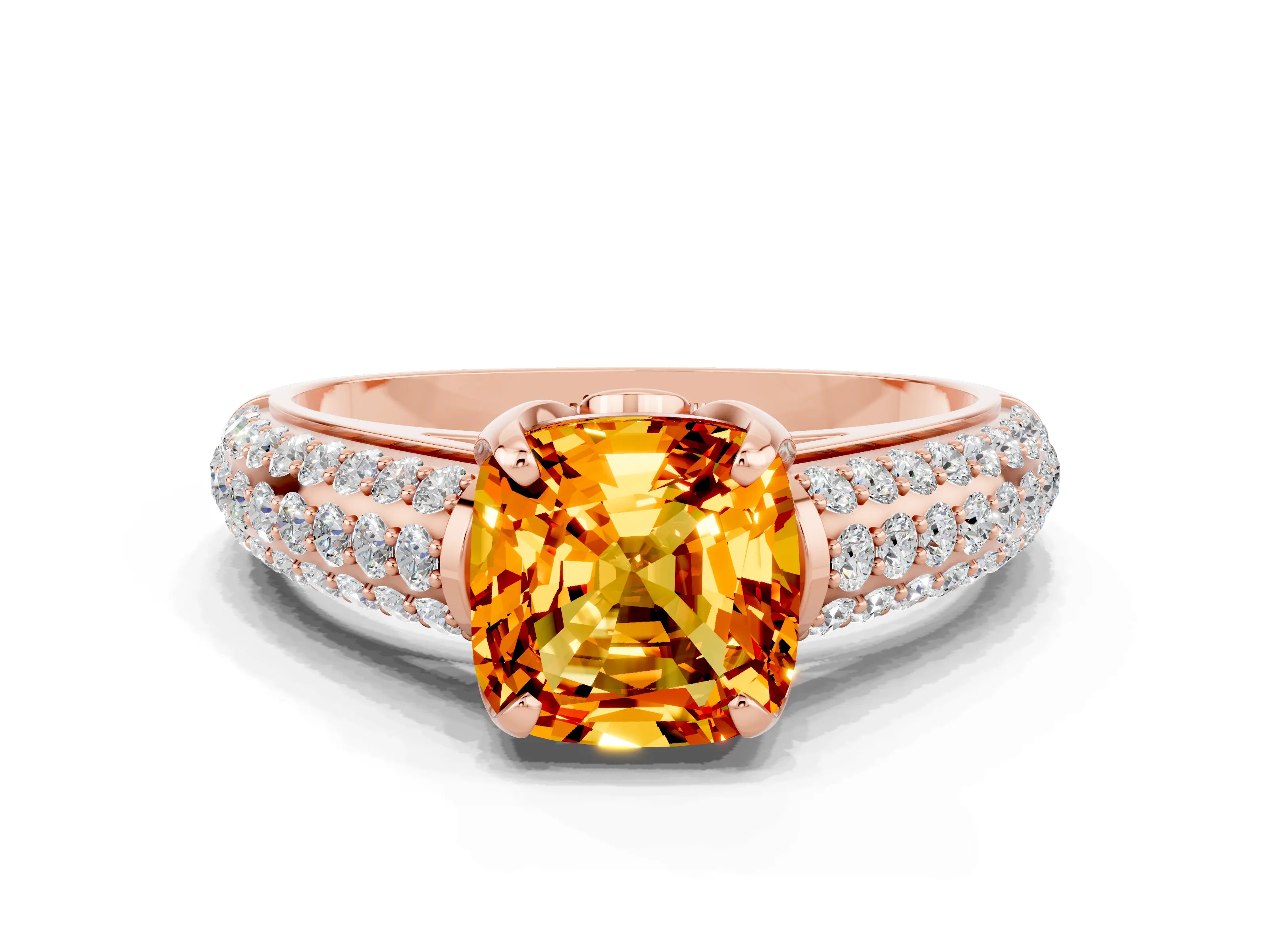Rose gold Cushion Cut Citrine Solitaire Ring with Three-Row Pavé Band and Four-Prong Setting_12